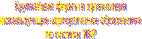 Крупнейшие фирмы и организации 
использующие корпоративное образование 
по системе МИР 